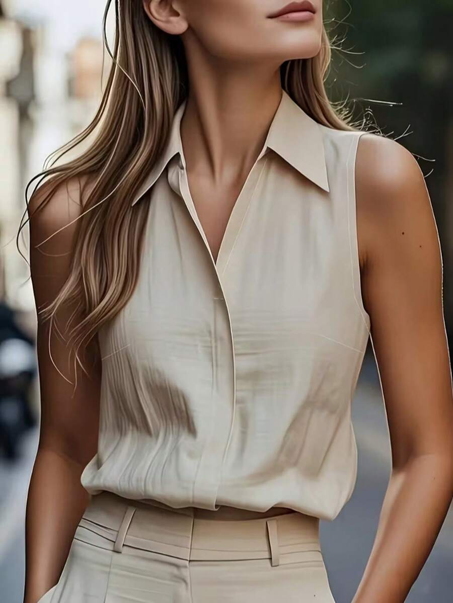 优雅无袖女式衬衫，休闲背心，夏季V领设计，适合办公和休闲场合，透气轻盈面料，衬衫，上衣，夏季必备，时尚度假之选 - 米色 - 查看 1