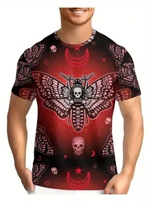 Men'S & Women'S Gothic Horror Graphic T-Shirt - Heavyweight 3D Skulls, Moths & Red Accents - Halloween Costume Party Shirt - Machine Washable Regular Fit Tee - Gothic Streetwear Top For Concerts, Everyday Edgy Outfits - Durable Fabric Unisex Apparel, Concert Outfit, Bold Print, Longlasting Design, Alternative Fashion - 混合色 - 查看 2