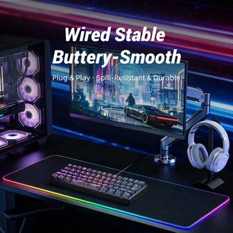 Juego de teclado y ratón de juego al 60%. El mini teclado de juego tiene 61 teclas y cuenta con retroiluminación RGB verdadera. Adecuado para PC/jugadores, mecanógrafos, viajeros y viajeros de negocios. Es portátil.