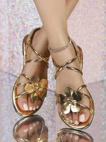 1双金色花朵设计沙滩凉鞋，休闲时尚性感金色花朵装饰弹力平底凉鞋 - 适合海滩、约会、聚会、户外活动，室内外必备 - 金色 - 查看 4
