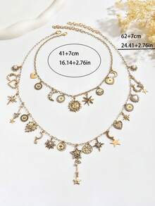 1 Conjunto de 2 Peças Colar e Gargantilha de Luxo e Alta Qualidade com Borla, Coração, Sol e Lua de Pérola Falsa, Conjunto de Colar Vintage Personalizado de Moda com Coração, Estrela e Lua de Pérola Falsa, Adequado para Uso Diário, Casamento e Festa para Mulheres - Dourado - Visão 5