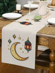 1 chiếc, Khăn trải bàn hình đèn lồng Ramadan, họa tiết sao và trăng, thích hợp trang trí lễ hội, tiệc tùng, nhà bếp, nhà hàng, trang trí nhà cửa mùa xuân, trang trí Ramadan. Kích thước: 13x35.4/47.2/63/72/78.7 inch. - Màu vàng - Xem 3