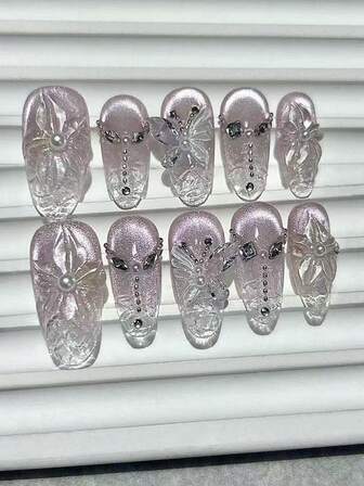 10 piezas de uñas postizas hechas a mano con flores 3D de paulonia de primavera, uñas falsas con efecto de ojo de gato brillante en morado y rosa, suministros de arte de uñas con pétalos de mariposa de perla ovalados (1 pieza de pegatina de gelatina + 1 pieza de lima de uñas)