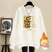 Women's Round Neck Cotton Fleece Lined Sweatshirt Plus Thick Warm Spring Autumn Winter High Street Casual Loose Age Reducing Pullover Top Outerwear - 深灰色(DD15熊寶寶印前)純棉加絨 - 查看 9