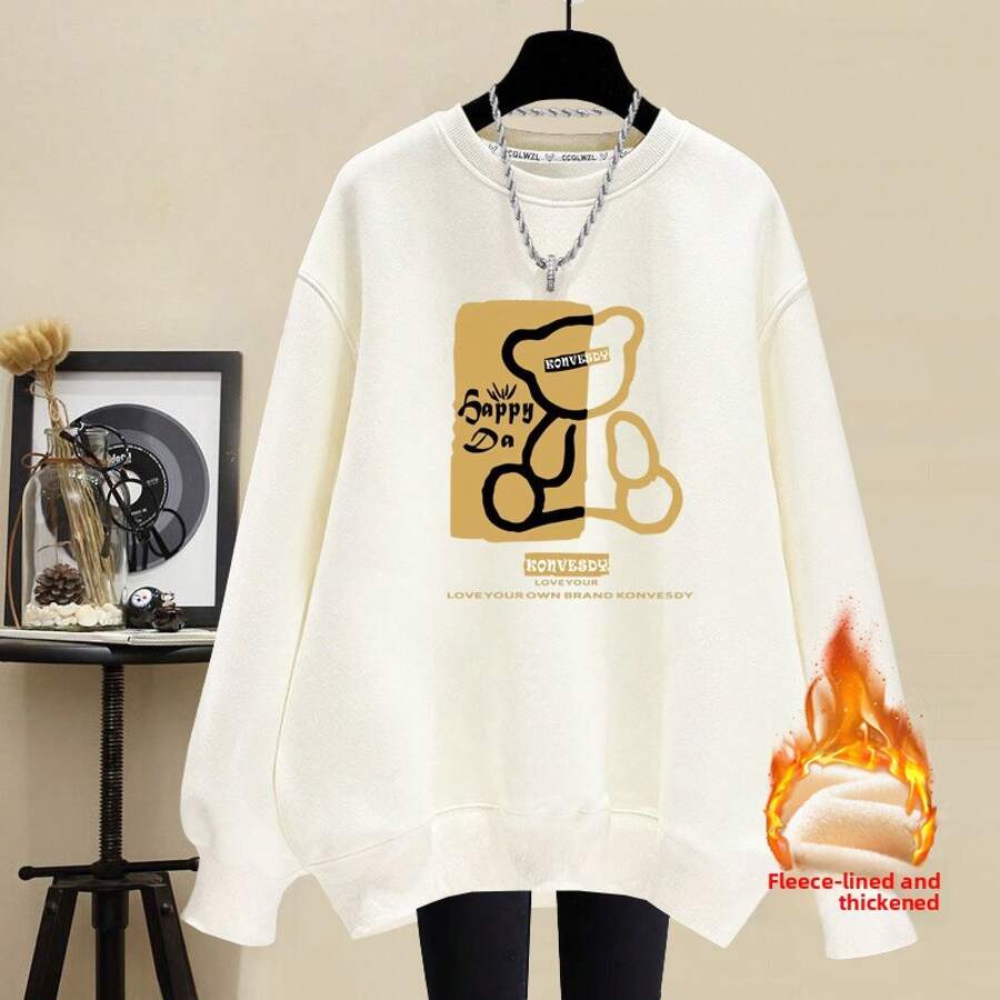 Women's Round Neck Cotton Fleece Lined Sweatshirt Plus Thick Warm Spring Autumn Winter High Street Casual Loose Age Reducing Pullover Top Outerwear - 白色(DD15熊寶寶印前)純棉加絨 - 查看 1