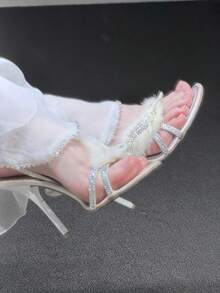 French New Style Rhinestone Fuzzy High Heel Sandals, Pointed Toe, Fairy Style, Banquet, Rabbit Fur Strap , White - White - View 2
