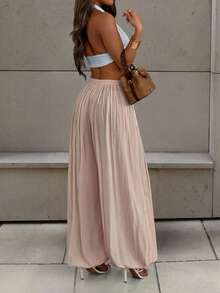 女士长款纯色弹力腰降落伞裤，休闲日常穿着 - 杏色 - 查看 8