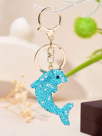  Summer Ocean Style Keychain, Blue Rhinestone Inlaid Starfish/Dolphin/Coconut Tree Pendant, Cute Bag Car Key Accessory For Gift