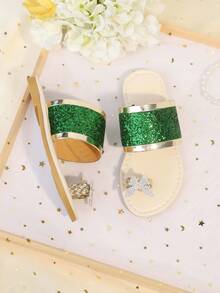 1 Paio di Sandali Piatti Oro Taglie Forti, Cinturini Luccicanti Colorati, Design Farfalla Colorata con Perle, Ciabatte Romane Alla Moda e Carine, Adatte per Ragazzi e Ragazze 3-12 Anni, Uso Quotidiano, Feste, Spiaggia, Primavera/Estate 2025 - Verde - Visualizzare 3