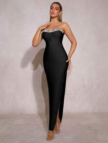 Modphy Vestido de novia o dama de honor con abertura en el muslo, escote bandeau y aplicaciones de strass, vestido de fiesta, vestido de invitada de boda, vestido formal, vestido de noche, vestido largo