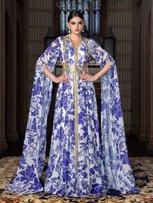 Đầm dạ hội bằng vải chiffon tuyệt đẹp dành cho nữ, tay áo xẻ tà dài, họa tiết hoa lá và các điểm nhấn trang trí, chân váy xòe dài đến sàn – Lý tưởng cho đám cưới, tiệc gala, dạ hội và các sự kiện thảm đỏ. - Màu xanh lam - Xem 5