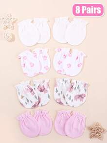 8 Pairs Baby Girls' Solid Color Anti-Scratch Mittens, Soft & Comfortable, Suitable For 0-6 Months Babies Daily Casual Wear, All Seasons - Girls Series - View 5