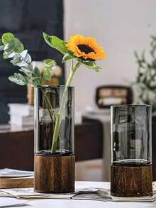 1pc Luxury Wooden & Glass Flower Vase Decor, Living Room Decoration Vase For Hydroponic Lucky Bamboo, Large Diameter Transparent Glass Flower Vase For Fresh Flowers - Multicolor - View 9