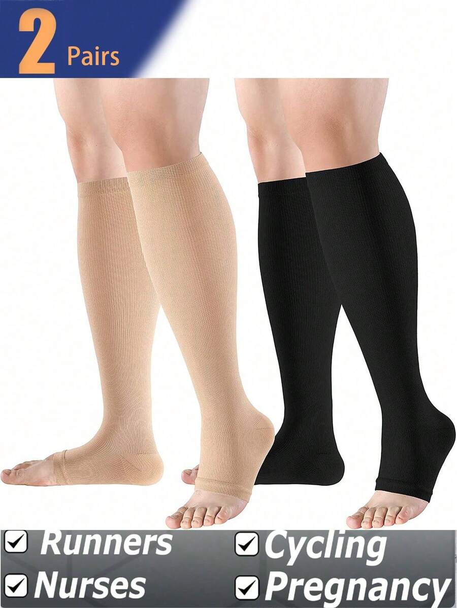 2 Pairs Unisex Copper Compression Socks, Open Toe Knee-High For Running Cycling Yoga - Breathable Blend, Durable Washable Knit Fabric - Multicolor - View 1
