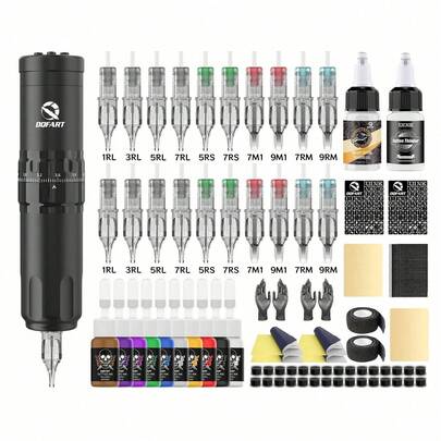 DQFART Kit de tatuaje inalámbrico, incluye aguja rotativa de tatuaje de 6 vueltas, adaptador de alimentación de 1500mAh, juego de bolígrafos de tatuaje profesional con todos los suministros de tatuaje, adecuado para principiantes y artistas de tatuajes, incluye 20 agujas de tatuaje, juego de 10 colores de tinta de tatuaje, papel de transferencia de tatuaje, plantillas de tatuaje y varios accesorios de tatuaje. Un excelente regalo de vacaciones para familiares, amigos y seres queridos.