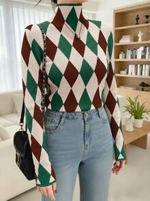 Spring And Autumn Fashion With Diamond Check Half Turtleneck Women's Turtleneck Base Shirt (Diamond Check Is Not Positioned),Long Sleeve Tops - Multicolor - View 2