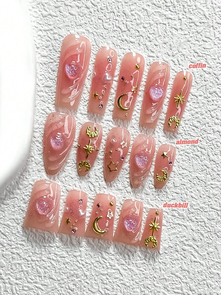 10件套斋月系列美甲套装，渐变色美甲贴片，杏仁形美甲贴片，方形美甲贴片，鸭嘴美甲贴片，手绘水滴美甲贴片，月亮、爱心、星星、珍珠、水钻美甲配件，闪光凝胶美甲贴片，粉色指甲油，温柔甜美，包含工具包（1片果冻贴片+1个指甲锉），适合女性和女孩，日常拍照，斋月，派对美甲用品 - 彩色 - 查看 1