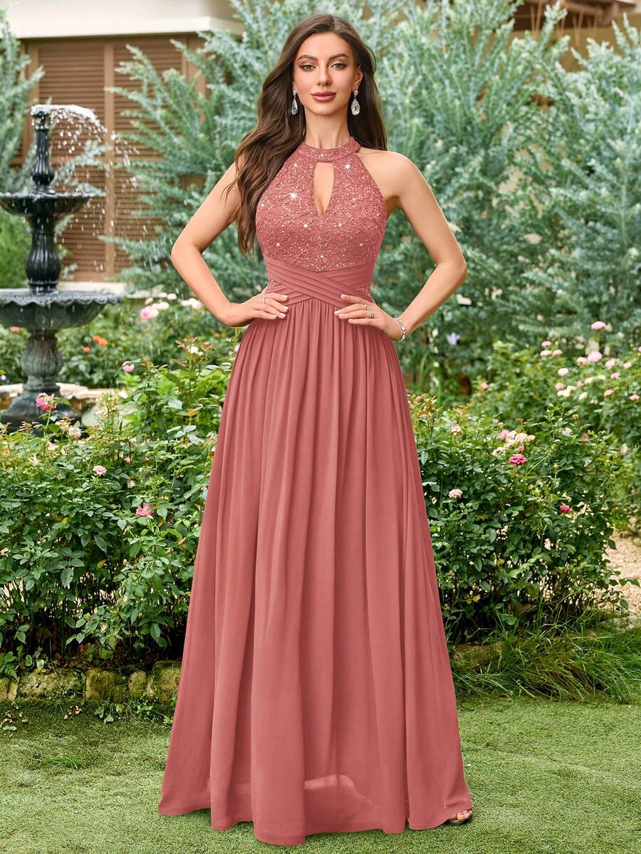 MIUSOL Đầm dạ hội hở lưng, chất liệu chiffon phối ren hoa đính sequin, màu tương phản, xếp ly, thích hợp cho khách dự đám cưới, lễ tốt nghiệp, tiệc chiêu đãi và các dịp khác trong mùa hè.