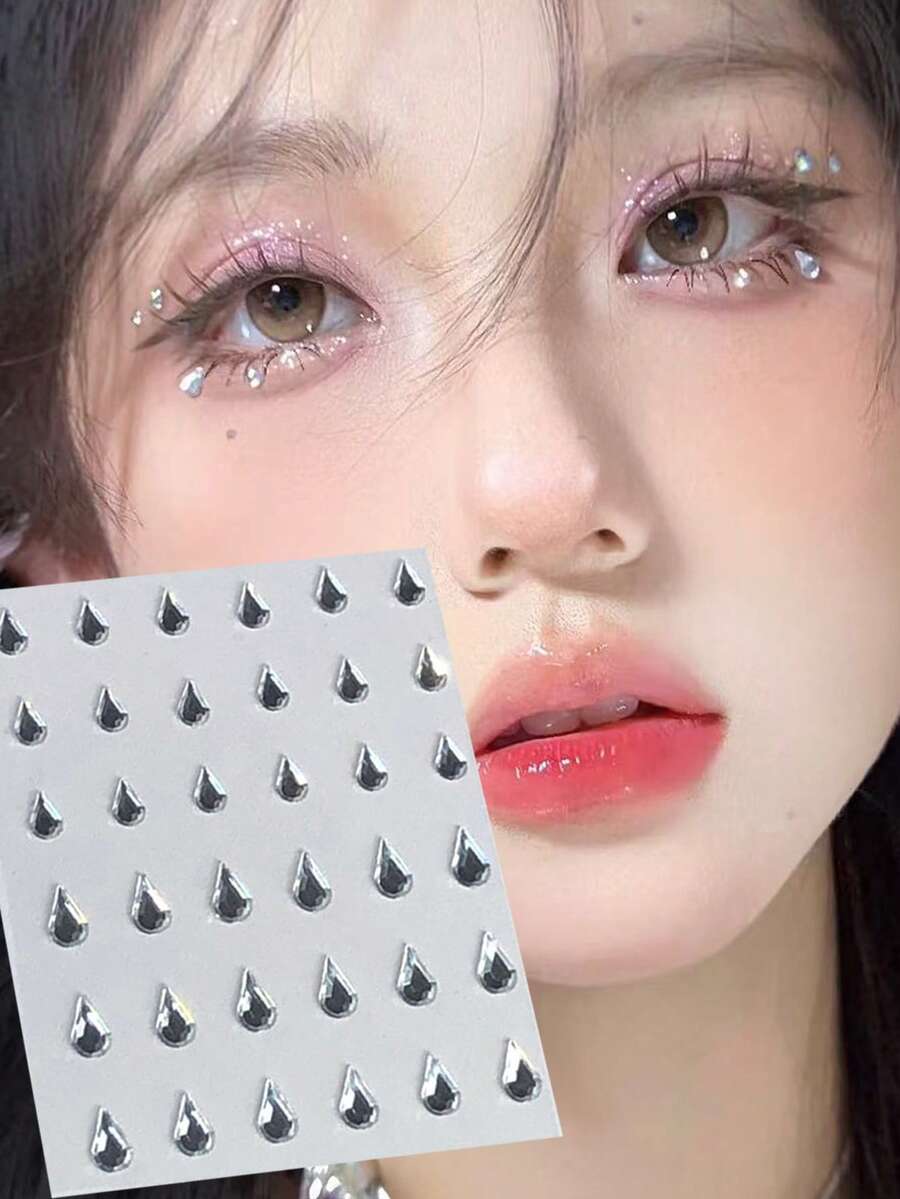 White Teardrop-Shaped Shiny Drill Bit Stickers, Teardrop Flat-Bottomed Diamonds, Sparkling Water Diamonds, Facial Micro-Light Glitter Temporary Tattoo Stickers, White, Blue And Red Crystal Diamond Teardrop-Shaped Stickers, Self-Adhesive, Eye And Face Decoration - Multicolor - View 1