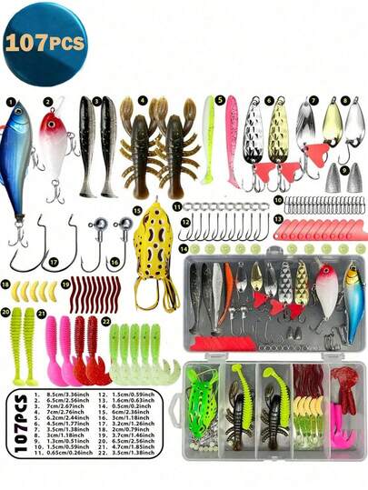 1件/2件装路亚钓具套装，包含曲柄饵、水面路亚、旋转亮片、软饵、夹子、鱼钩、钓具盒等，适用于鲈鱼、鳟鱼、鲑鱼、淡水鱼等。钓具套装包含塑料虾、软饵、勺形亮片、蚱蜢曲柄饵、夹子、鱼钩、钓具及其他配件。