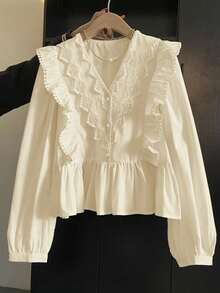 ii Plus Size Casual Solid Color Lace Patchwork Ruffle Trim Long Sleeve Top Spring - Apricot - View 2