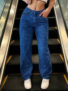 Sweet & Cool Pearl Embellished Washed Straight Leg Jeans - Women's Mid Rise Non-Stretch Denim - 深色水洗藍 - 查看 5