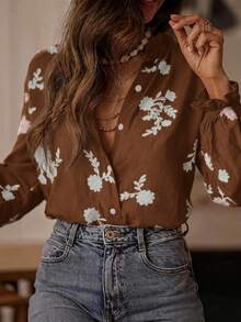 Bestselling Vintage Style Embroidered Ruffle Hem Women Blouse, Floral, Leaf Print, Botanic Button Embroidery Decor, Casual Vacation Spring - Mocha Brown - View 4