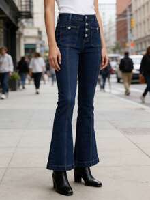 Jean évasé stretch taille mi-haute pour femme (tailles UE) - Pantalon en denim foncé à jambes larges et boutons multiples, idéal pour un style décontracté et vintage au quotidien. - Jean brut - Voir 1