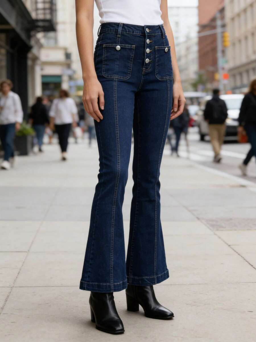 Jean évasé stretch taille mi-haute pour femme (tailles UE) - Pantalon en denim foncé à jambes larges et boutons multiples, idéal pour un style décontracté et vintage au quotidien. - Jean brut - Voir 1