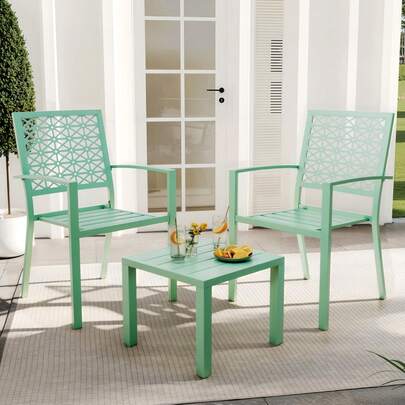Conjunto de sofás metálicos apilables para exteriores en verde, mueble de conversación de 3 piezas para patio con mesa auxiliar cuadrada