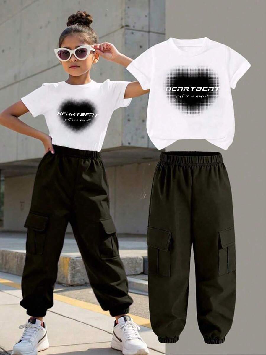 Girls Heart Print Warm Crew Neck Sweatshirt And Cargo Pants Set - Black - View 1