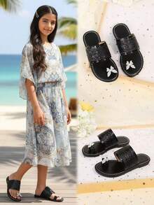 1 Pair Black Toddler Girls' Flat Sandals With Shiny Colorful Sequins, Butterfly Decor, Open Toe, Fashion Cute Roman Style Slippers For 3-12 Years Old, Suitable For Daily, Party, Beach, Spring/Summer - Black - View 4