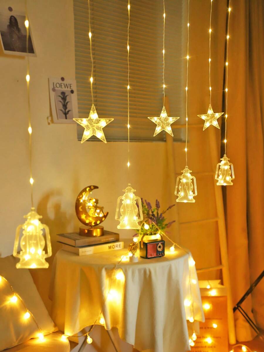 1 pieza Cortina de 2m72 con 72 luces LED en forma de estrella, luces de hadas con forma de botella de queroseno con pilas AA, luces intermitentes, adecuado para decoración de bodas, fiestas de cumpleaños, decoración navideña, decoración de jardín, pasillos y aleros de árboles