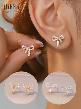 Hihho 1 Pair Bow Design Earrings, Suitable For Daily Wear And Party Accessories, Showcasing A Sweet Feminine Style, Elegant Wedding, Valentine's Day, Christmas Gift