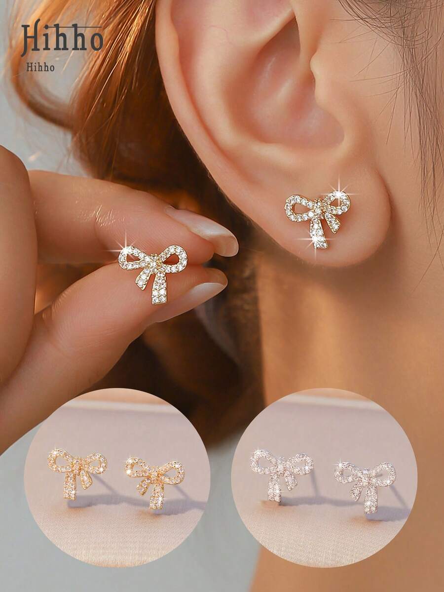 Hihho 1 paire de boucles d'oreilles design nœud, convenant pour le port quotidien et les accessoires de fête, mettant en valeur un style féminin doux, élégant pour le mariage, la Saint-Valentin, cadeau de Noël - noeud papillon - Voir 1
