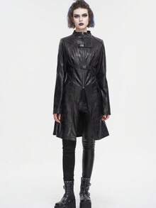 Devil fashion Gothic Style Long Sleeve Jacket With Textured Belt, Metal Buckle, Red Stitching Trim And Stand Collar - Black - View 5