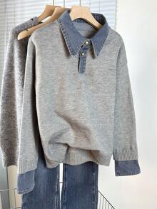 Áo len dệt kim phối vải denim kiểu Hàn Quốc dành cho nữ, thích hợp cho mùa Thu/Đông. - Xám - Xem 4