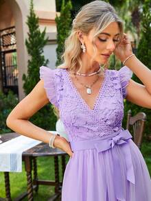 Simplee Women's Elegant Lace & Mesh Splice V-Neck Cap Sleeve Dress, Suitable For Party, Wedding Summer - Purple - View 2