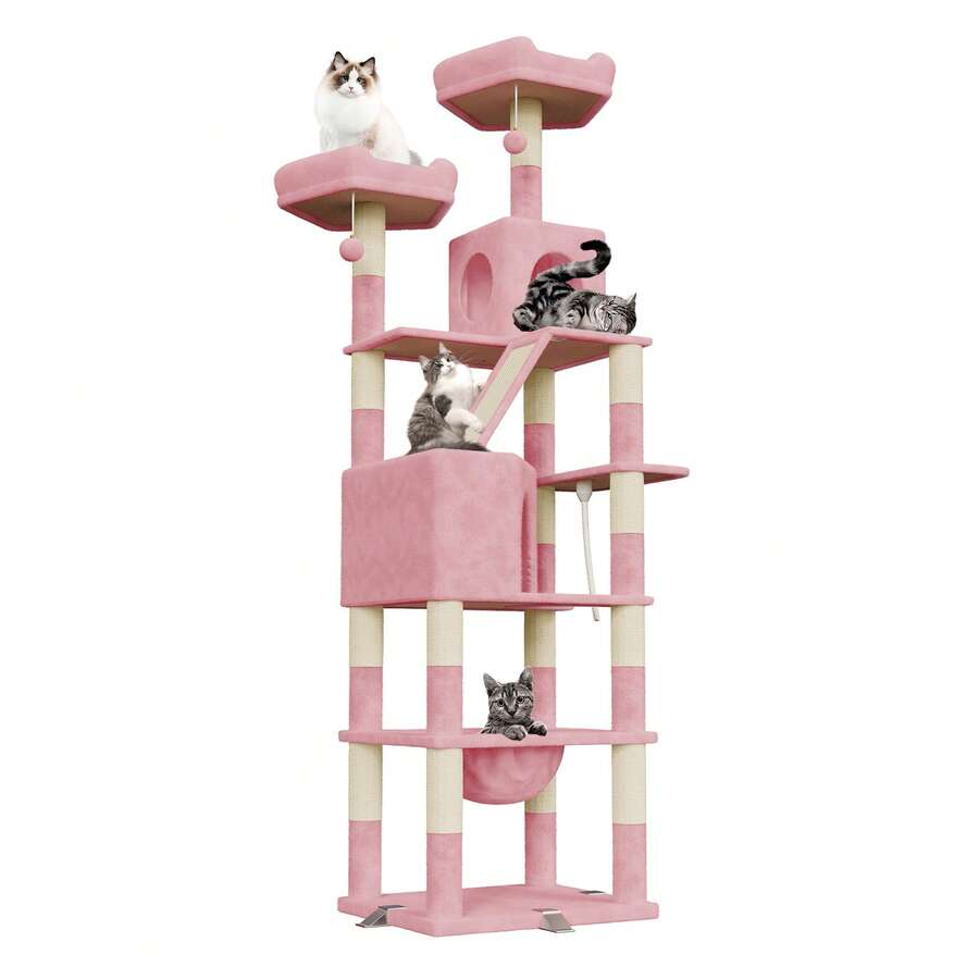 DOGAT 208cm Tall Cat Tree Tower For Indoor Large Cats Multi Level Activity Centre With Hammock Condos Perches 16 Sisal Scratching Posts Anti Tip Reinforced Base - Pink