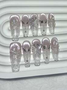 10片春季3D泡桐花手工按压式美甲贴片，闪亮紫色和粉色猫眼假指甲，珍珠蝴蝶花瓣，超长美甲用品（1片果冻贴纸+1个指甲锉） - 淡紫色 - 查看 1