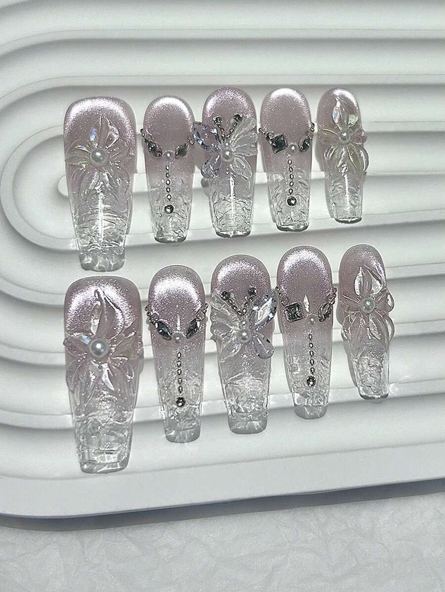 10片春季3D泡桐花手工按压式美甲贴片，闪亮紫色和粉色猫眼假指甲，珍珠蝴蝶花瓣，超长美甲用品（1片果冻贴纸+1个指甲锉） - 淡紫色 - 查看 1