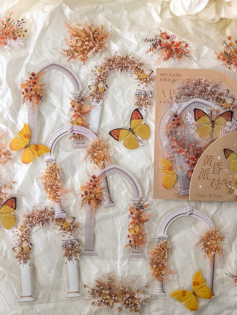 20pcs/Pack Sunset Arch Floral & Butterfly PET Stickers - one-size - View 1