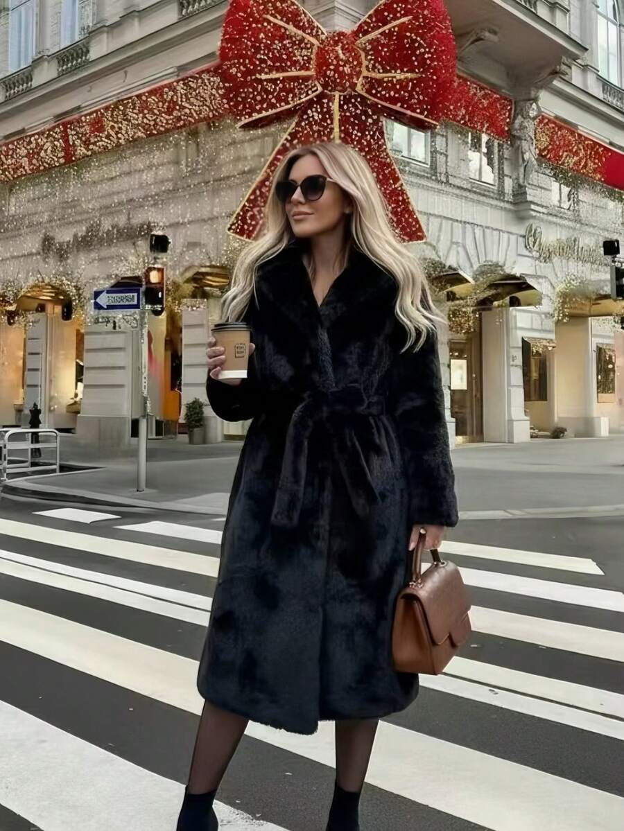 2025 Winter New Faux Fur Casual Fashion Coat, Retro Hooded Loose Mid-Length Long Sleeve Women Fake Fur Jacket - Black - View 1