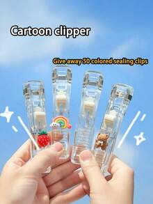 1个卡通夹子收纳盒，配50个替换夹子，文件/资料整理夹，学生试卷夹，零食封口夹 - 彩色 - 查看 1