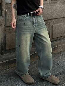 Quần jeans ống rộng dáng suông màu vàng mù tạt cổ điển, phong cách đường phố Mỹ, thêu họa tiết, thích hợp cho mọi mùa. - Màu Mù tạt vàng - Xem 4