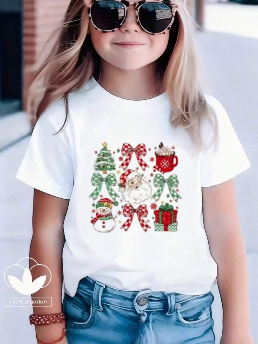 Esta nueva camiseta de manga corta para niña está hecha 100 % de algodón y luce un elegante estampado navideño. Es informal y versátil. Su tejido suave y agradable al tacto es delicado con la piel, lo que permite que las niñas se muevan con libertad y comodidad durante las reuniones familiares, los eventos escolares o los juegos al aire libre. - Blanco - Ver 1