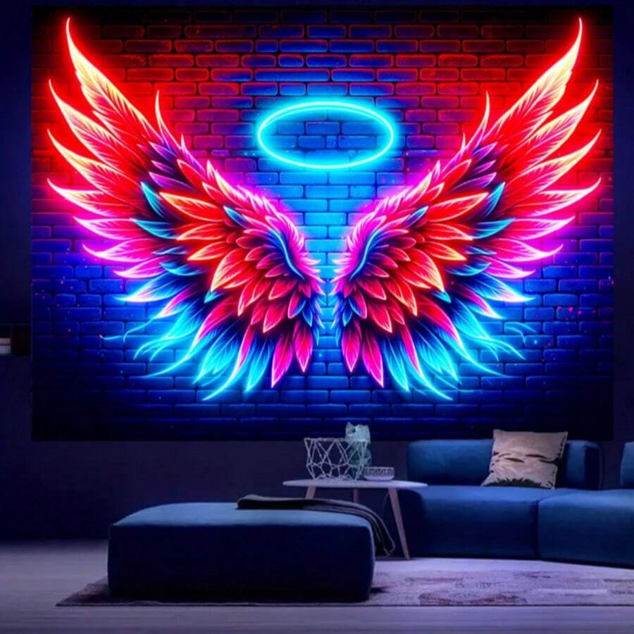 1 pezzo Arazzo in poliestere con ali d'angelo reattive ai raggi UV - Multifunzionale, senza bisogno di alimentazione, facile installazione, adatto per soggiorno, camera da letto, ufficio, casa, stanza, festa, decorazione bar - Multicolore - Visualizzare 1