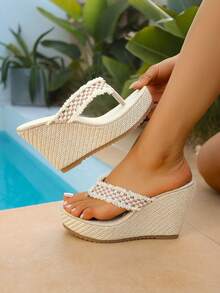 Giày sandal đế xuồng tua rua kẻ caro thời trang nữ, đế cao chống thấm nước, nhẹ, mềm mại, kiểu dáng slip-on, cao gót hở mũi phối màu tương phản, sandal kiểu ngư dân mới, size nhỏ hơn một size. - Màu be - Xem 6