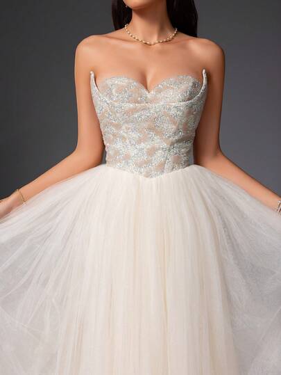  Vestido de bola con corsé con purpurina sin tirantes blanco, escote corazón, falda de tul esponjosa, vestido de graduación estilo princesa, vestido maxi inspirado en boda soñada, elegante vestido de gala para mujer VIPGIRL