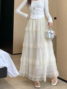 高腰蕾丝边网纱喇叭裙，百搭休闲褶裥长裙，2026春夏款 - 杏色 - 查看 4